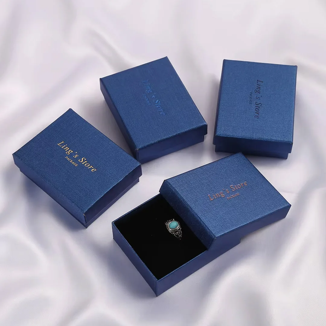 

24Pcs Personalized Logo Dark Blue Square Jewelry Paper Box Favor Gift Packaging For Rings Earrings Pendant Bracelet Organizer