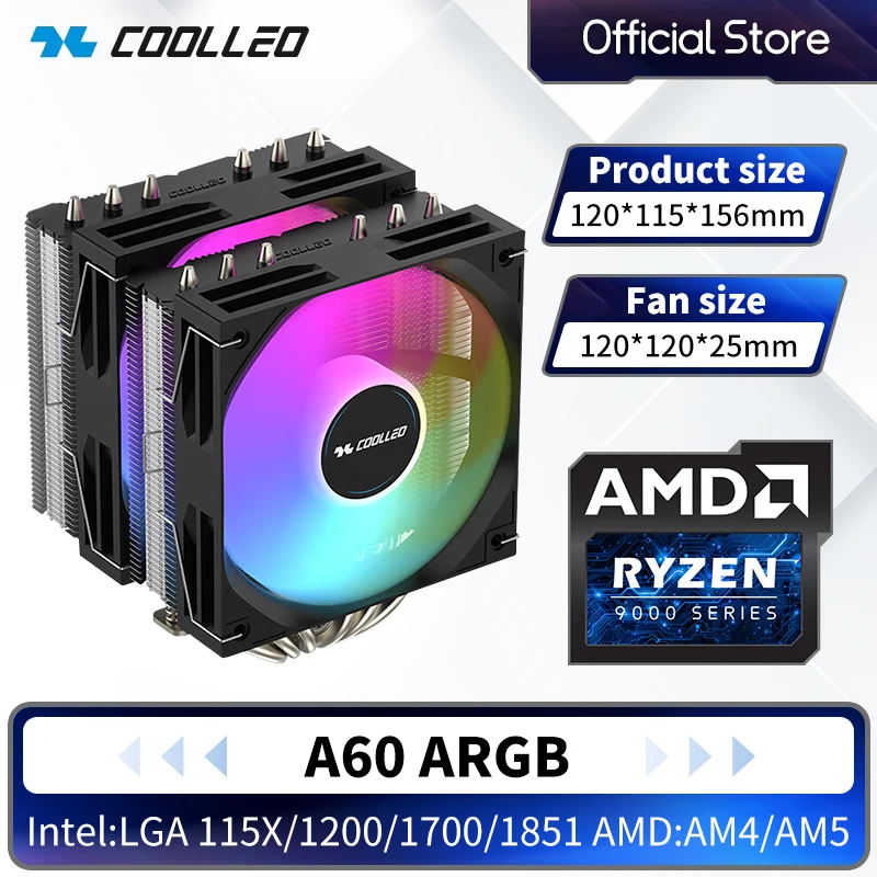 

COOLLEO A60 CPU Air Cooler 6 Heat Pipes Dual Tower ARGB Sync 255W TDP Silent Dual Fan for LGA1700/AM5