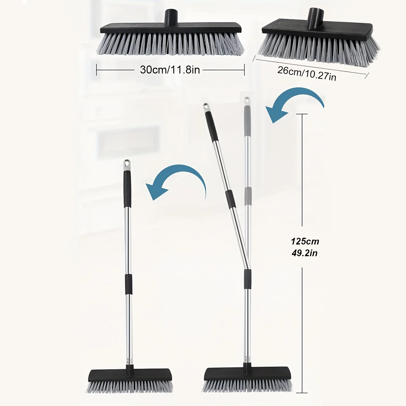 Large Hard Bristle Broom, Wooden Floor Washer, Adjustable Multi-Section Long Handle, Concrete Push Broom Outdoor Garage Broom