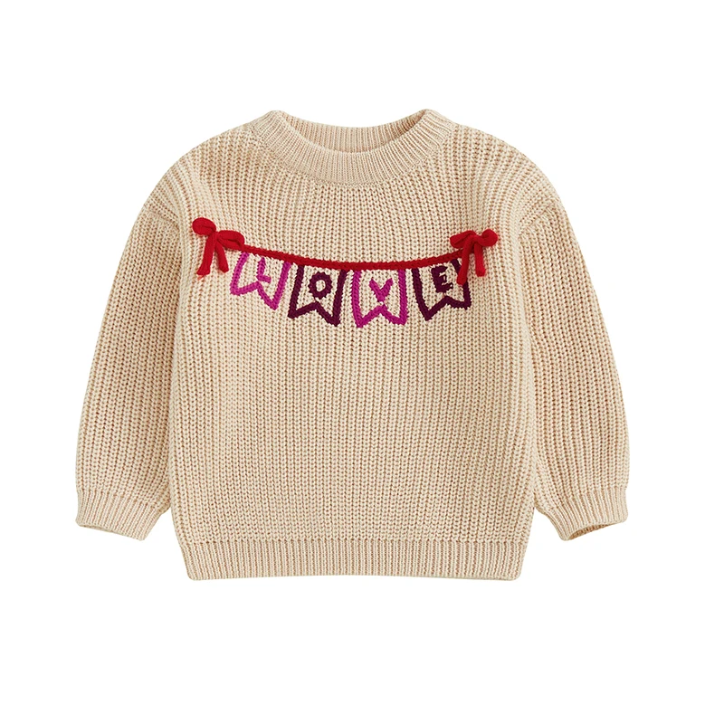 Baby Girl Valentine’s Day Sweaters Long Sleeve Banner Garland Embroidery Knit Pullovers Jumper Tops