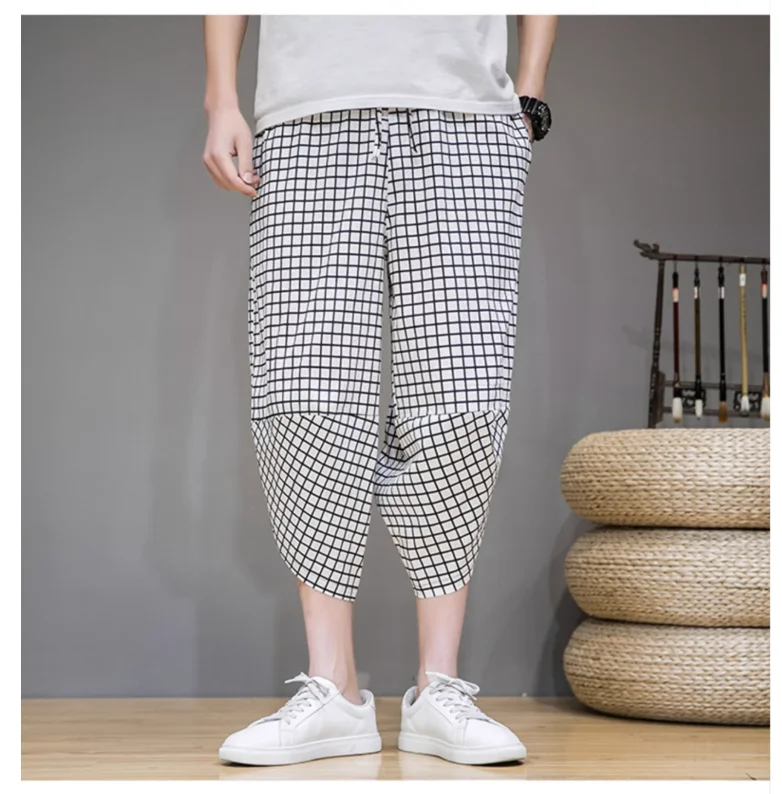 Chinese Style Summer Cotton Linen Pants Plaid Capri Pants Men's Ankle Pants Loose Harlan Pants Radish Pants Oversize pants