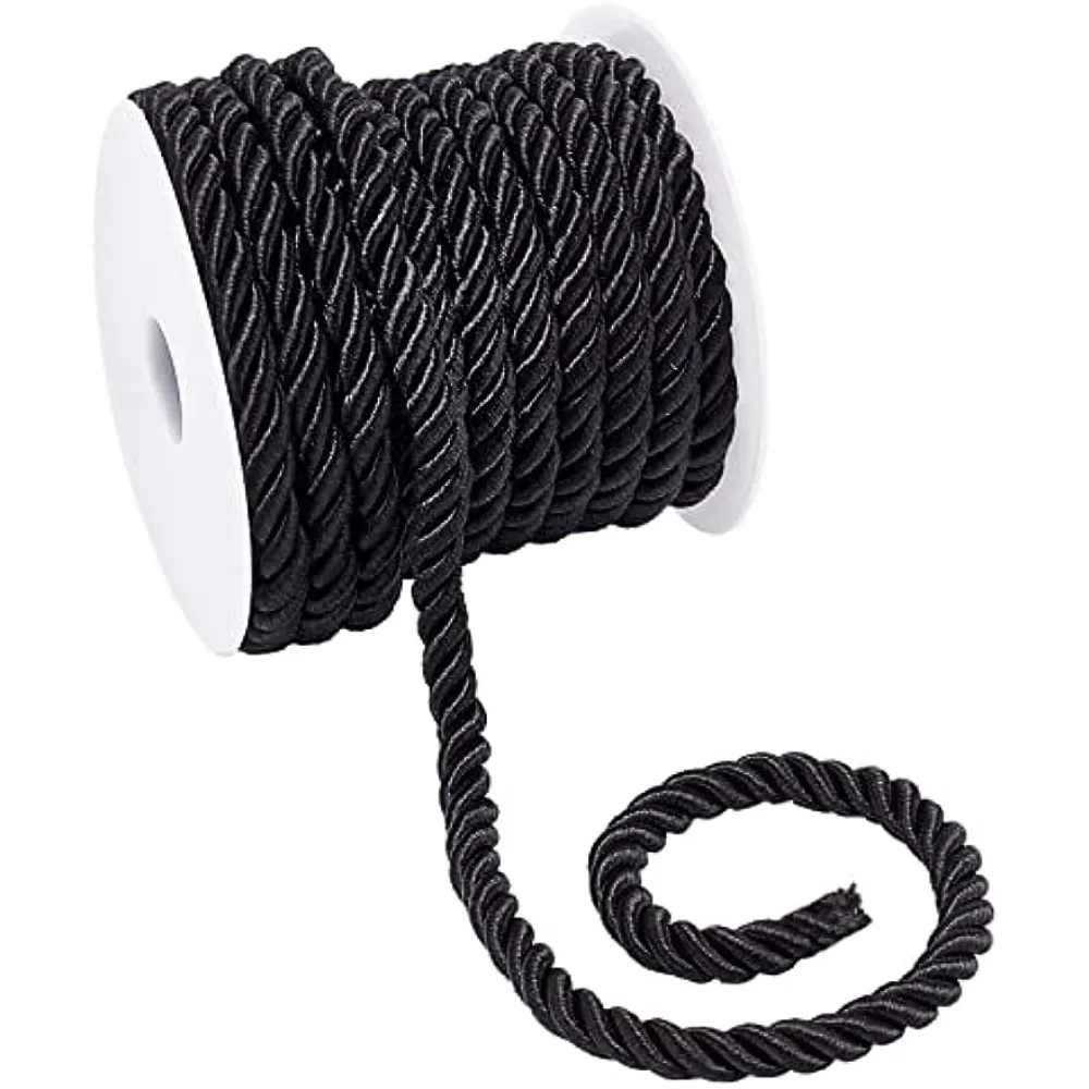 8mm  Cord, Black Decorative Rope 3 Braided Cord Trim  Silk Ropes Honor Cord for Sewing Curtain Tieback Upholstery