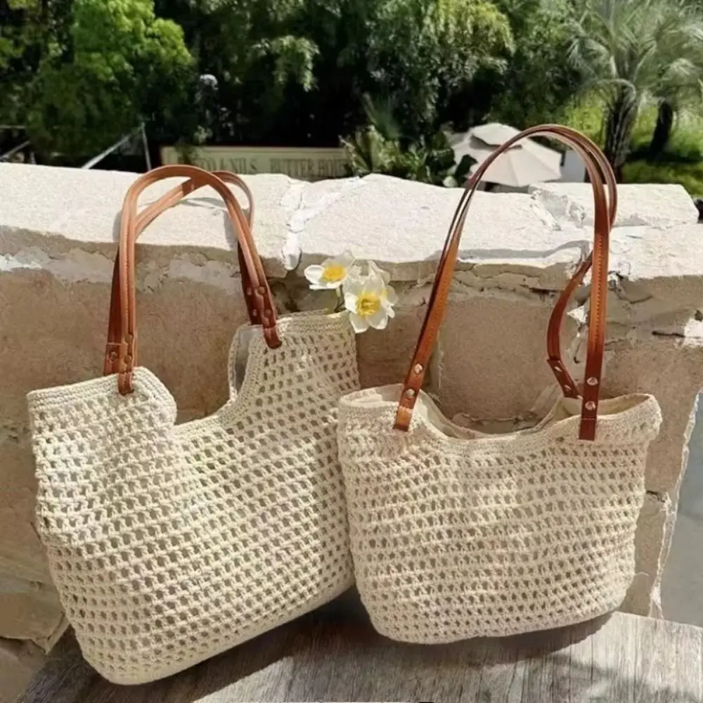 

Large Capacity Handmade Woven Bags Hollow Design Grid Knitted Summer Beach Handbags Bohemia Zipper/Magnetic Button Closure