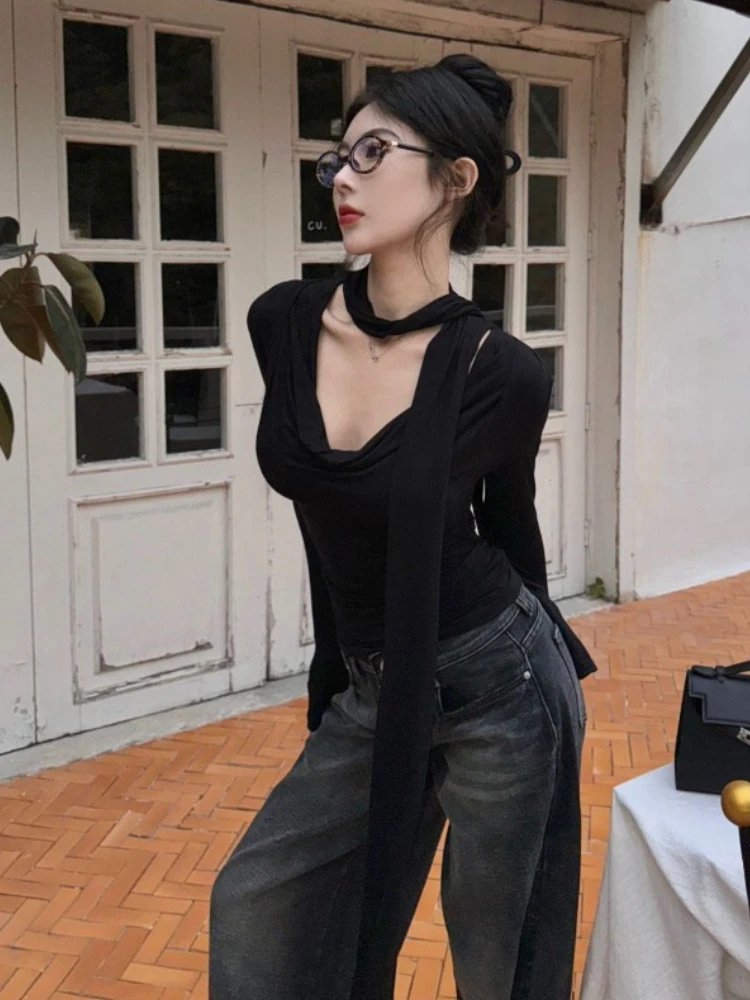 Korean Vintage All Match Solid T-shirts Long Sleeve V Neck Chic Bottoming Tshirts Y2k Aesthetic Grunge Simple Tee Shirts Women