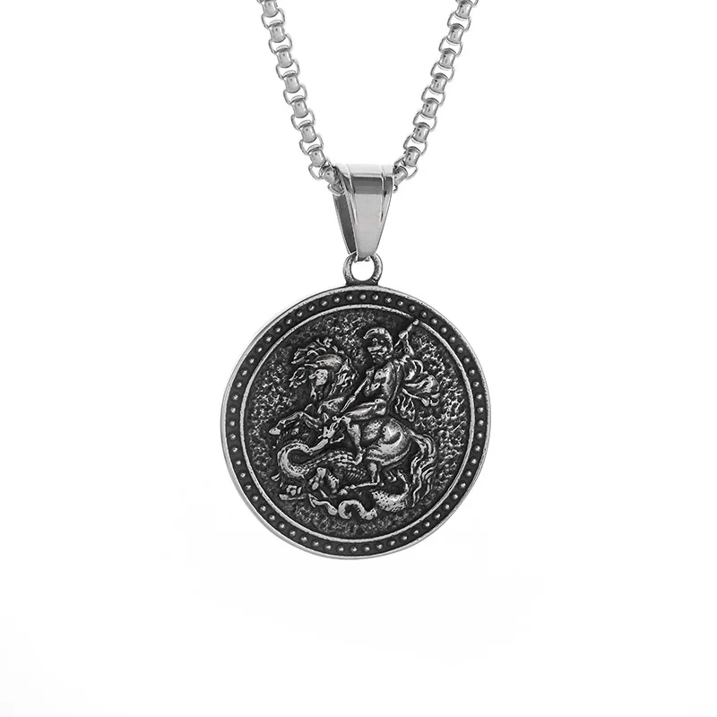 Megin D Stainless Steel Titanium Vintage Hip Hop St George Fighting the Dragon Charm Pendant Collar Chain Necklace for Men Women