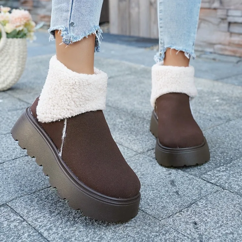 2025 شتاء جديد عالي الجودة سميك القاع صوف مبطن بسيط مريح ودافئ الثلوج الأحذية النسائية الدفء قصيرة التمهيد