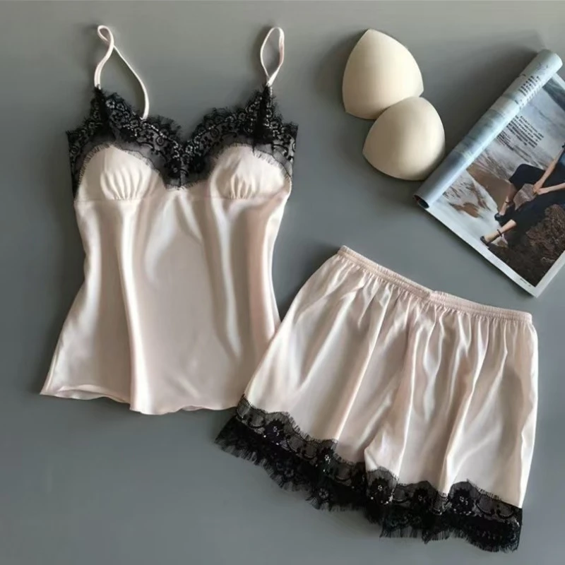

2 Pieces Set Women'S Pajama Summer Sexy Ice Silk Two-piece Set - Silk Shorts with Gathered Lightweight Home Wear Clothes Dress