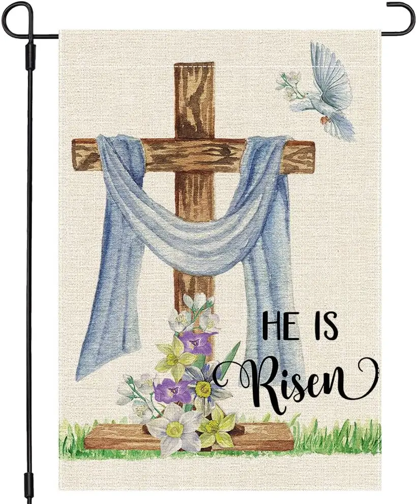 PANDICORN Easter He is Risen Garden Flag 12x18 Inch Double Sided, Spring Cross Flower Farmhouse Decorations Burlap Small Ver EEZ