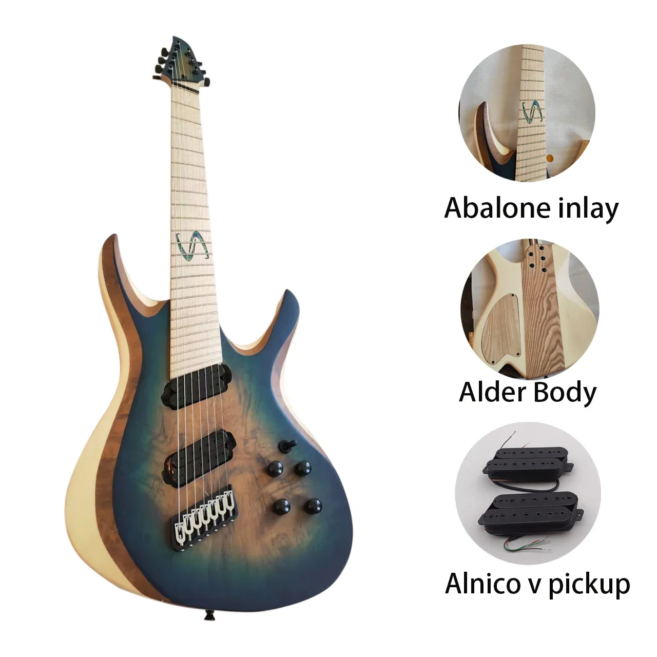 Handmade 7-String Electric Bass Guitar - Alder Body, Alnico V Humbucker Pickups, 24 Frets, Factory Outlet