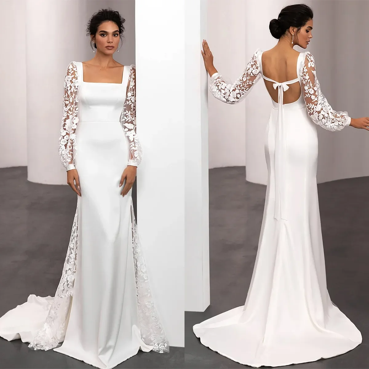 Elegante vestido de novia de línea A para mujer, cuello cuadrado, mangas largas, Sexy, vestidos de novia sin espalda, apliques, vestido de tren de barrido personalizado