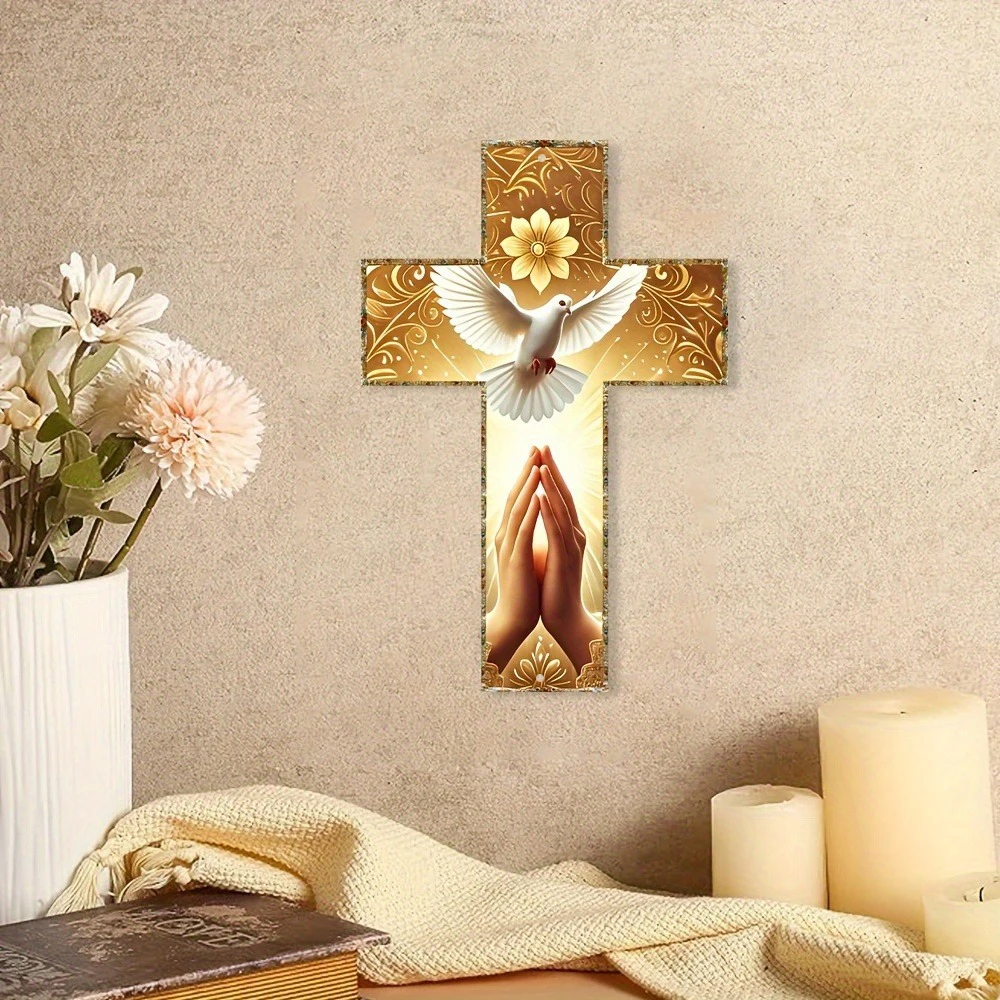 1pc 2D Vintage Metal Cross Wall Hanging with Dove and Praying Hands, Suitable for Religious Home Decor in Living Rooms, Churches