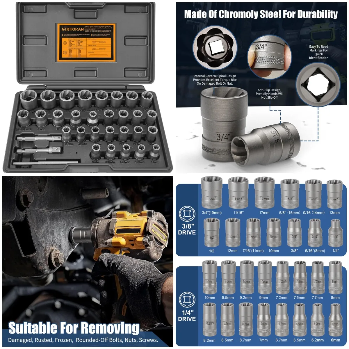 

32-Piece Bolt Extractor Kit with ¼' & ⅜' Adapters for Stripped, Frozen, or Rusted Bolts
