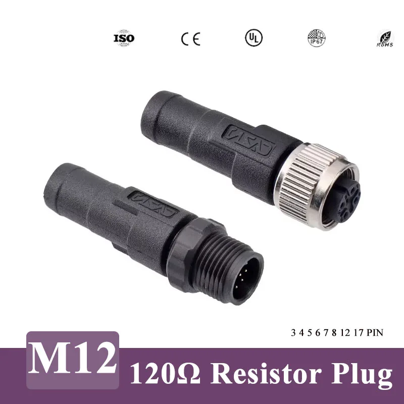 M12 Ohm 3 4 5 6 7 8 12 17 PIN Resistor Plug 120Ω Male Female Docking Connector Metal Plasti Short Pin Resistor Terminal Adapter