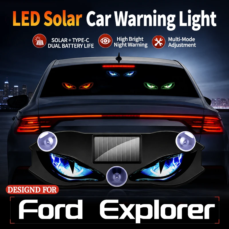 Fits For Ford Explorer Car LED Solar Devil Eye Warning Flash Light Triangle Dynamic Wireless Window Strobe Decorative Light
