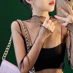 Transparent Mesh Ladies Tops Sexy Women O Neck Turtleneck Mesh T-Shirts Sheer Blouses For WomenLong Sleeve Shirt Crop Top