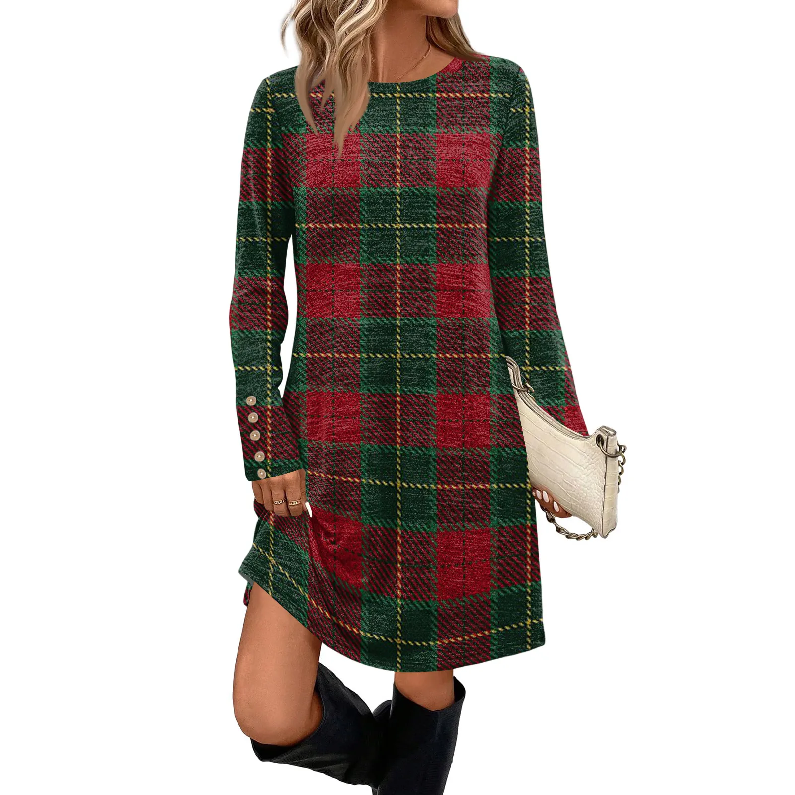 فستان كاجوال أنيق للنساء مع جيوب وأزرار زخرفية ورقبة دائرية وأكمام طويلة فيستدوس أنيقة بارا موجر جديد #4