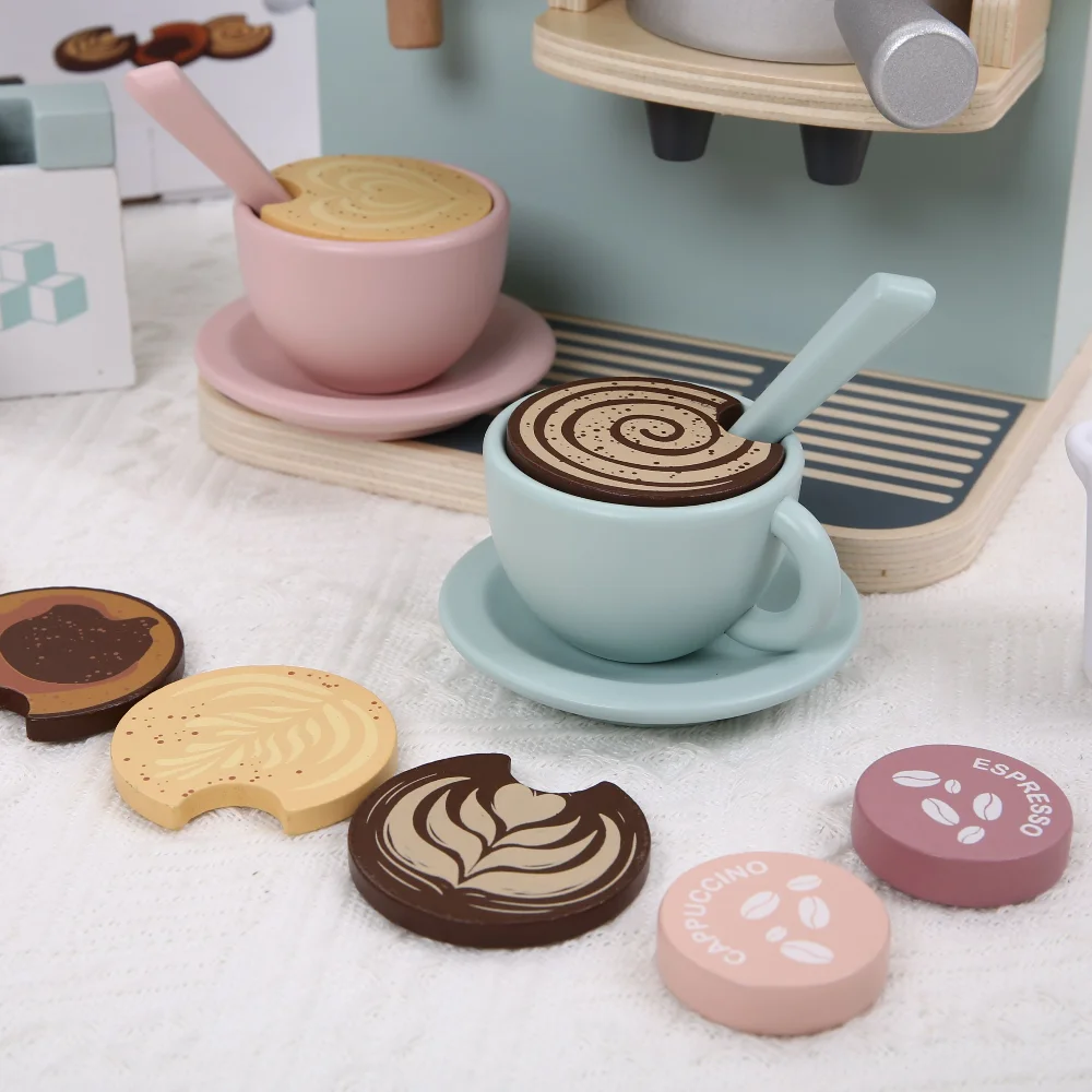 Juego de cocina de madera para juegos de imitación para niños, máquina de café simulada y accesorios para juegos de rol de té de la tarde