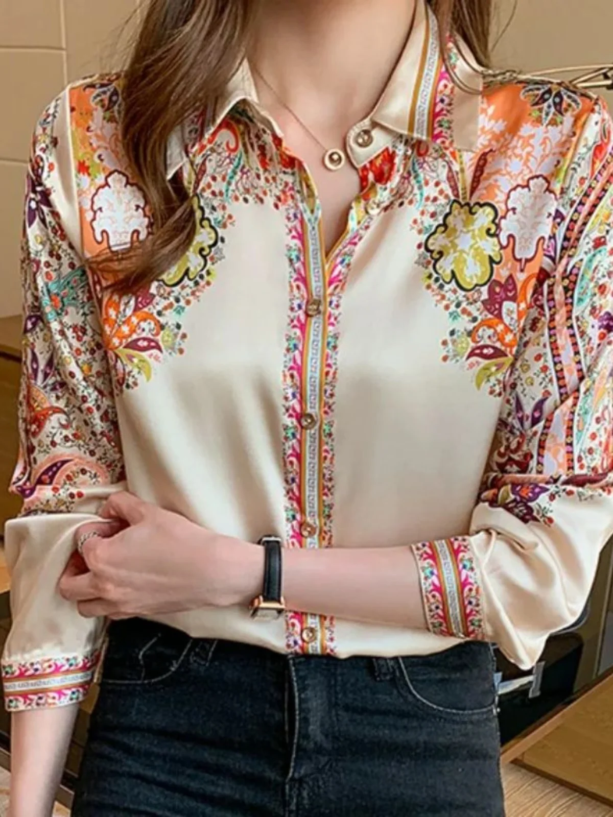 

Casual Loose Long Sve irt Street Sle Loose Fit Collared Long irt Printed Casual Faion for Young Women