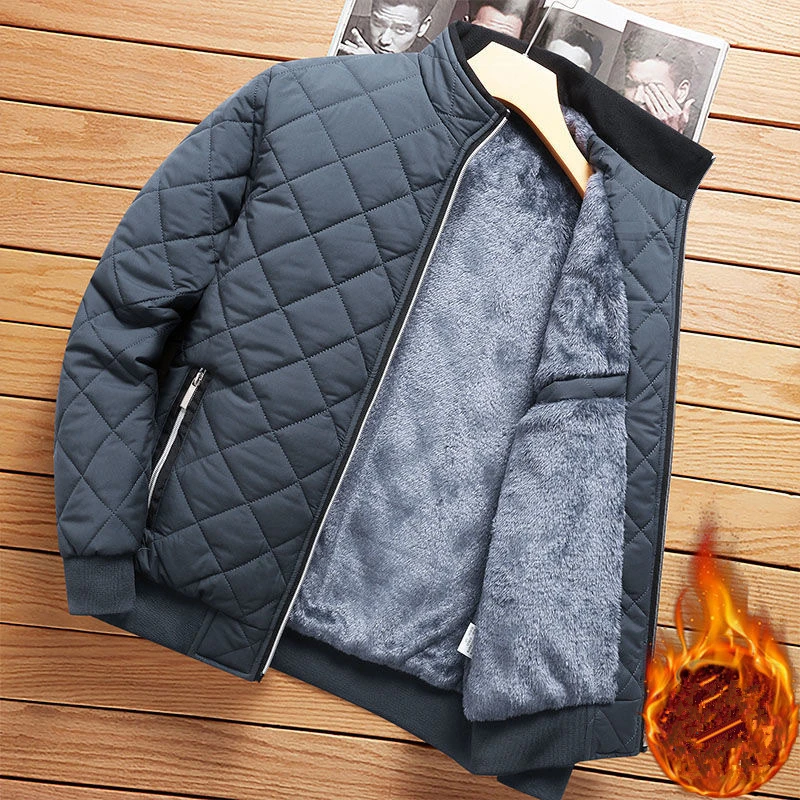 

Autumn Winter Bomber Jacket Men Diamond Pattern Fleece Lined Casual Jacket Men Clothing Slim Fit Cotton-padded Coat