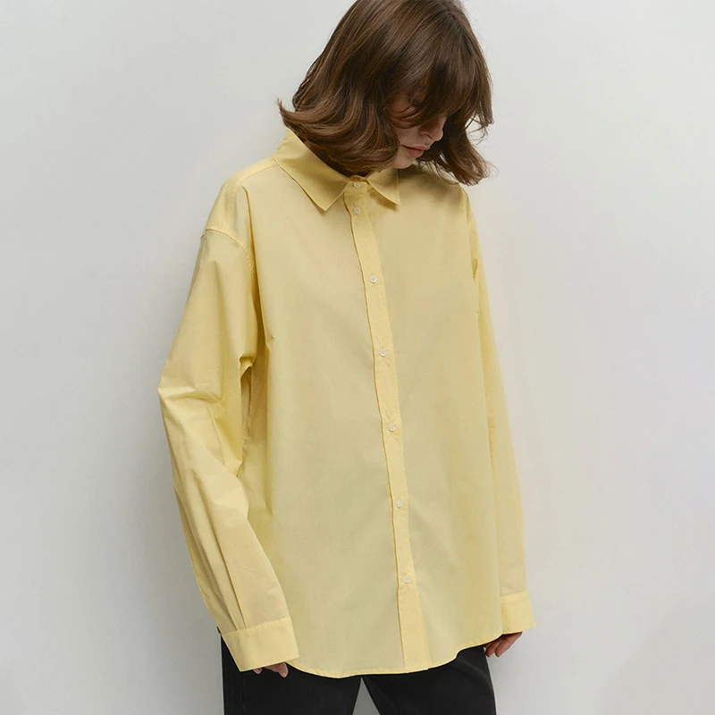 Tornova banlieue chemise jaune pour femmes manches longues revers simple boutonnage ample décontracté coton chemise dame mode Blouses solides