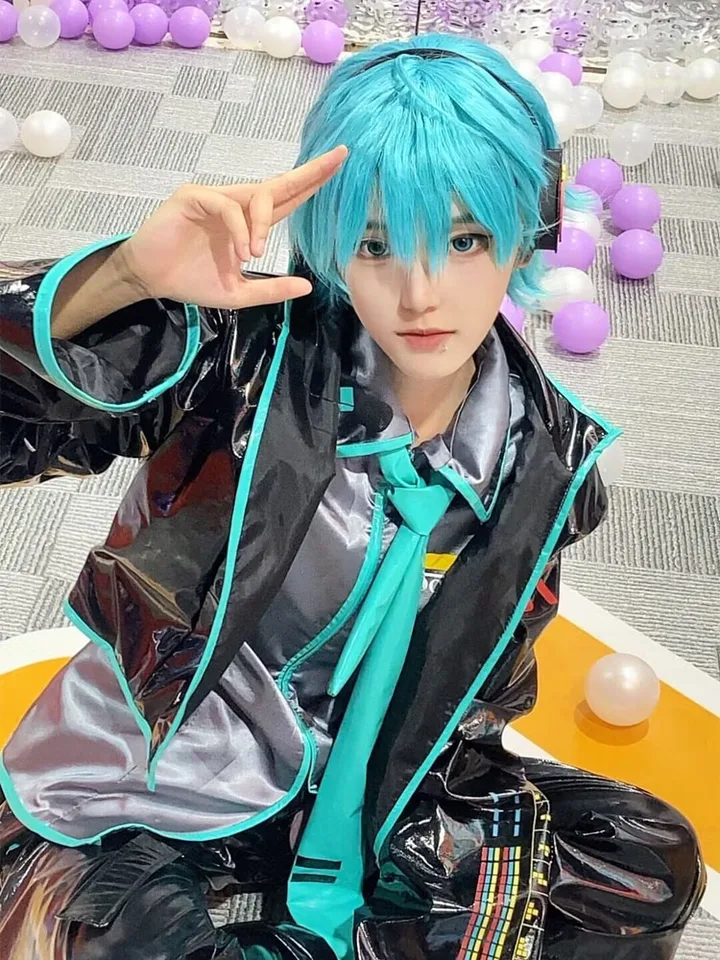 ミクオ コスプレ衣装 フルセット ミクオコスプレ衣装ウィッグフルセット黒革布生地スーツミクオ男性