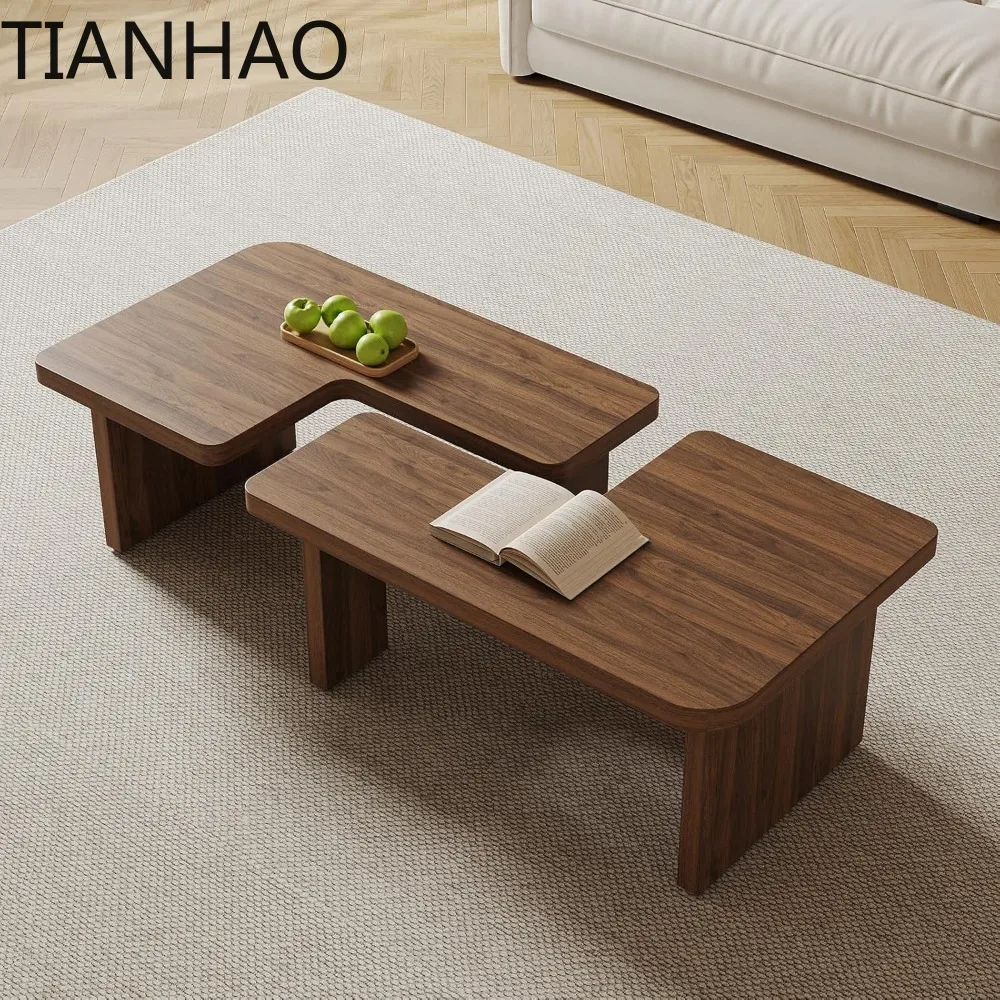 Mid Century Modern Coffee Table for Living Room, Wood Coffee Table with Free Adjustable Shape, Square Living Room Table Minimali