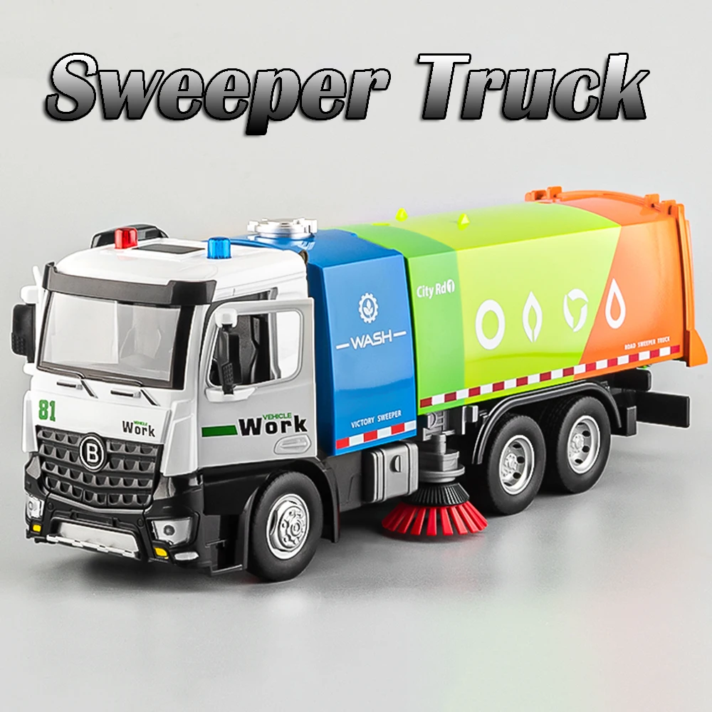 1:24 Alloy City Sprinkler Vehicle Toy Models Metal Diecast Sanitation Sweeper Sound Light Doors Opened Engineering Vehicle Gifts