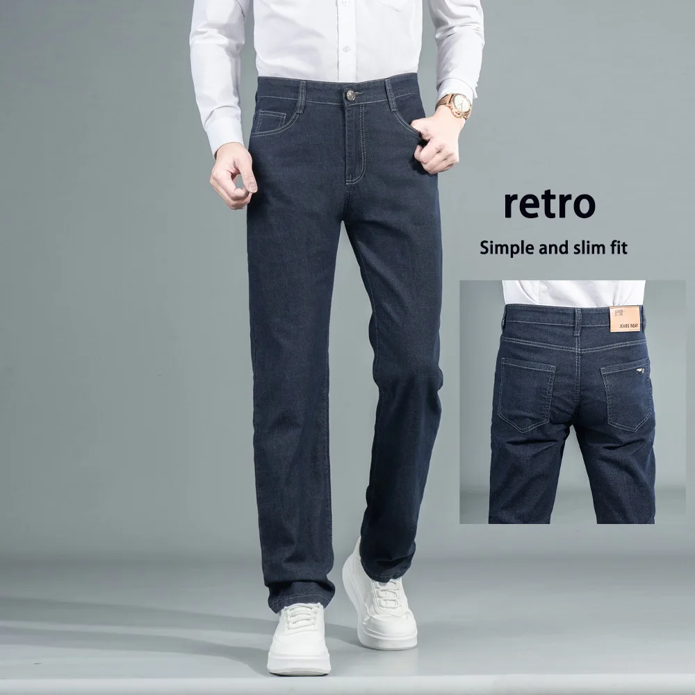 بنطال دينم كلاسيكي بقصة ضيقة للرجال كاجوال عصري بقصة ضيقة للتخسيس ريترو أزرق أسود لونين #4