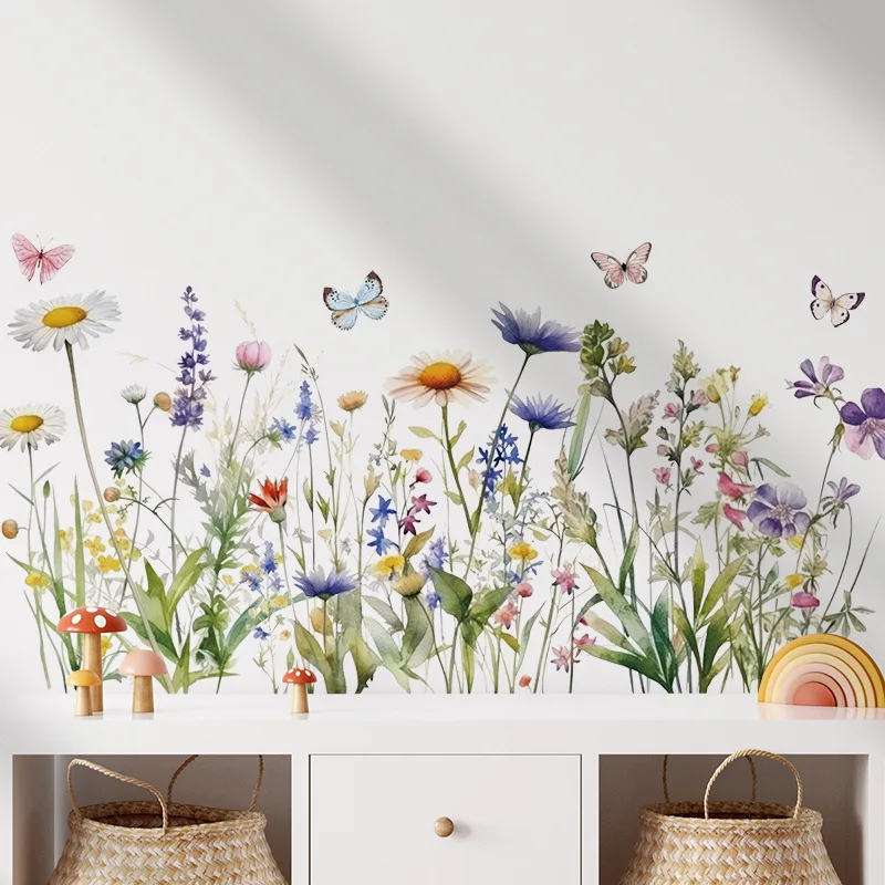 Decalque de parede artístico de PVC 2 tamanhos, mural de flores e borboletas estilo nórdico, adesivo de arte de parede autoadesivo para quarto, entrada,