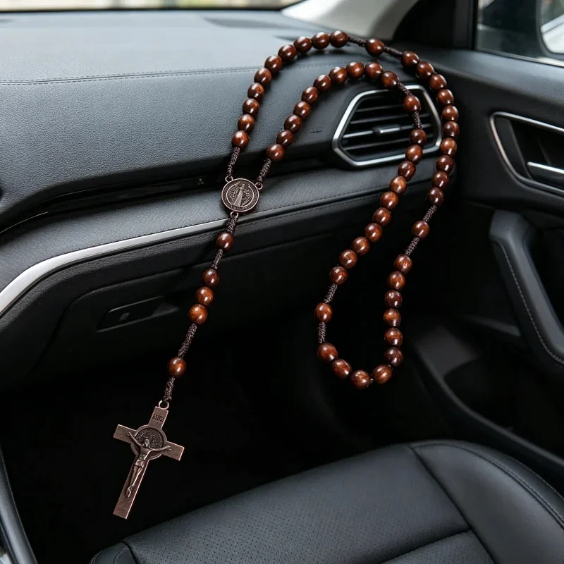 1Pc Christ Jesus Wooden Beads 8mm Rosary Bead Cross Car Pendant Woven Rope Chain Necklace Religious Orthodox Praying  Jewelry