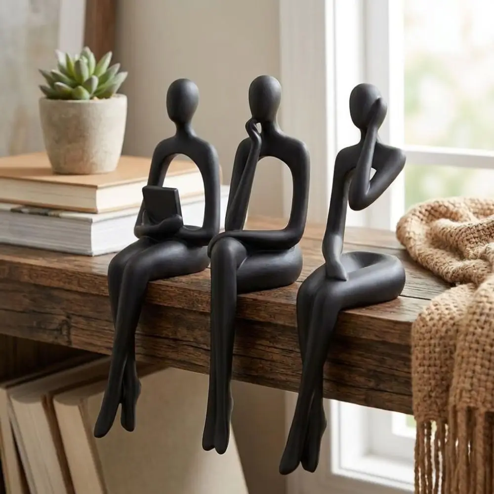 3Pcs Minimalist Abstract Sitting Human Sculpture Set Long Leg 3D Printed Hollow Reading Thinking Figurine Plastic Handmade