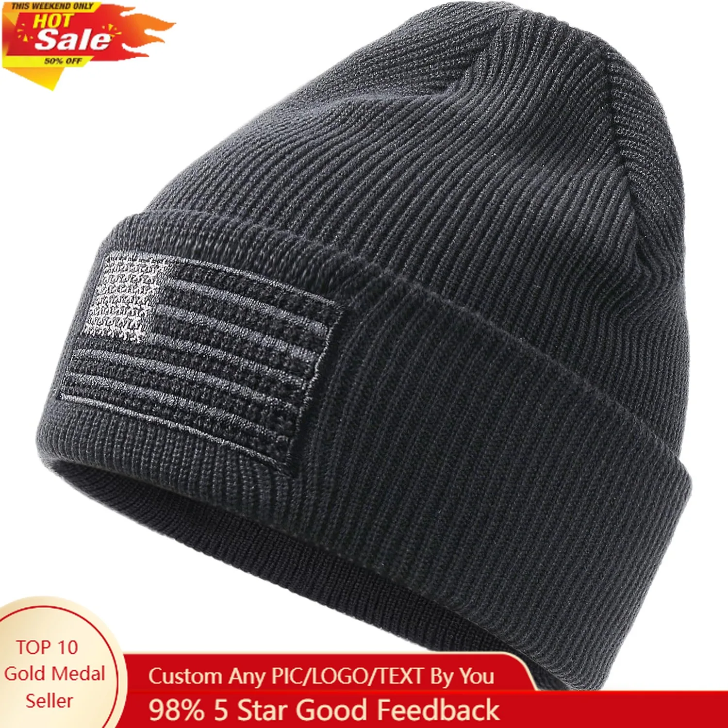 

American Flag Embroidered Knit Cuffed Beanie for Men Women Tactical Winter Warm Hat