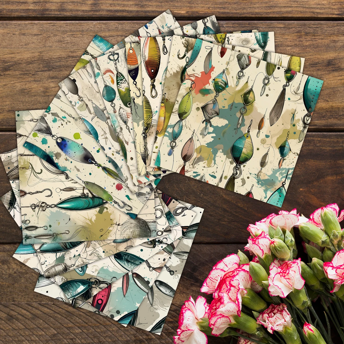 12 piezas de papel vintage con diseño de señuelos de pesca para hacer tarjetas temáticas del Día del Padre, envoltura de regalos DIY, decoración de fondo para fiestas