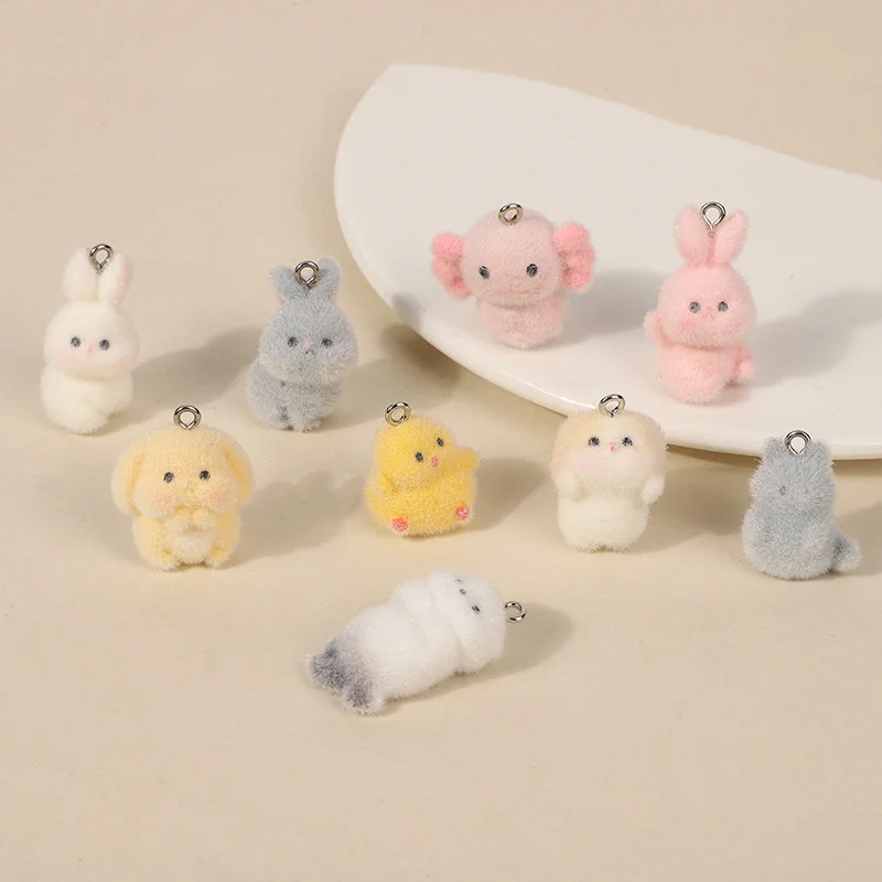 5Pcs 3D Flocking Resin Charms Cute Sea Otter Yellow Chicken Rabbit Animal Pendant for Earrings Keychain Making DIY Jewelry Gifts
