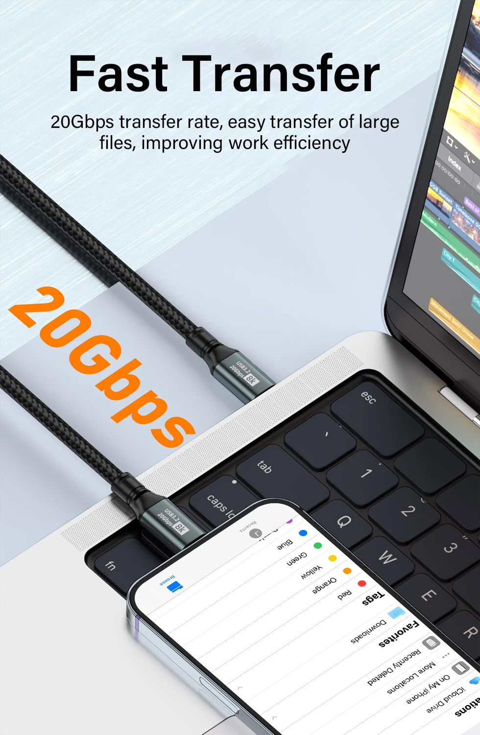 PD100W USB-C Schnellladekabel, USB 3.2 20Gbps 8K Thunderbolt 3 Typ-C zu Typ-C Datenkabel für MacBook iPhone 17 Pro Max – Detail 5