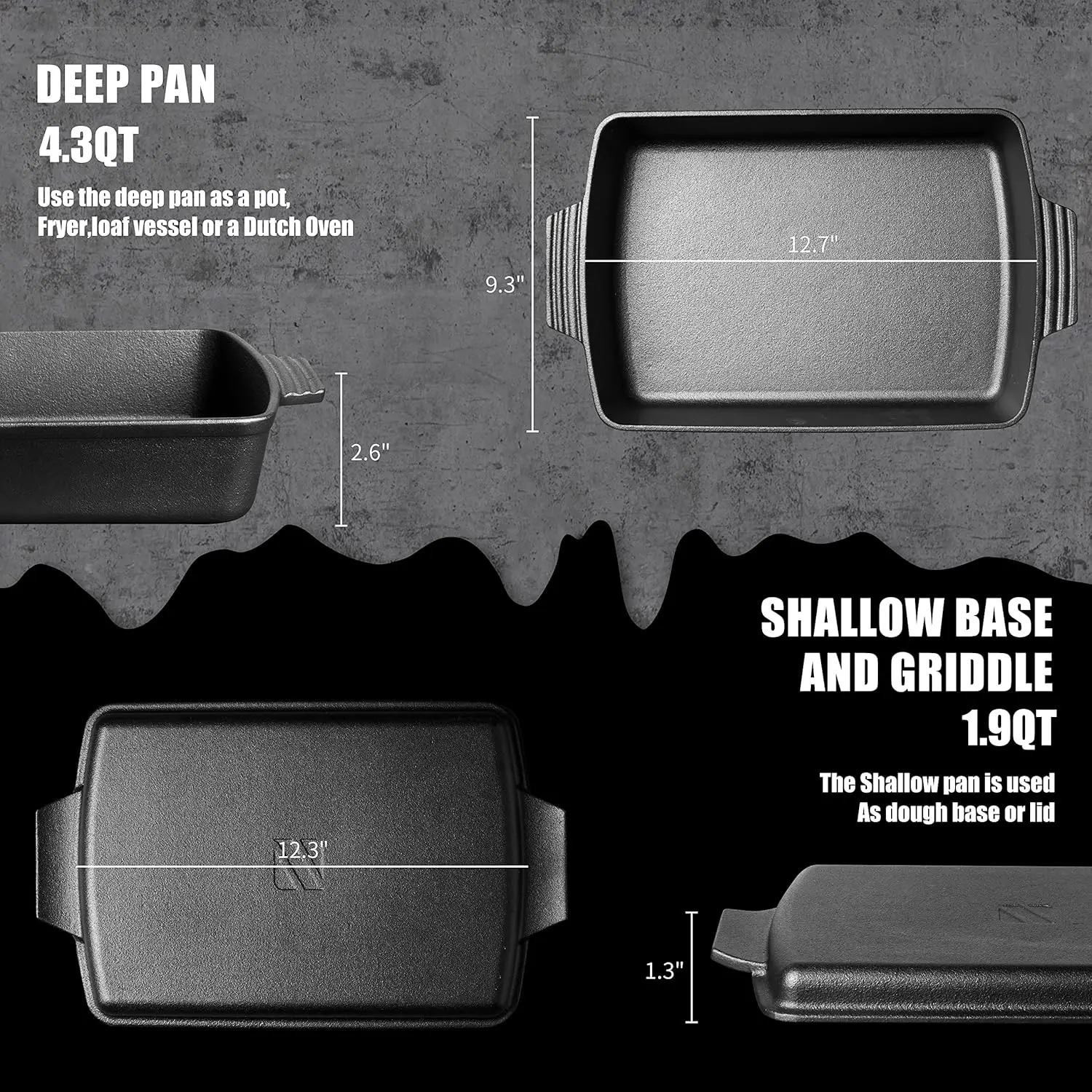فرن هولندي من الحديد الزهر 2 في 1 مع غطاء مقلاة، طبق كسرول، مقلاة خبز مستطيلة، مجموعة أوعية صينية، 6QT، 9 بوصة × 13 بوصة #5