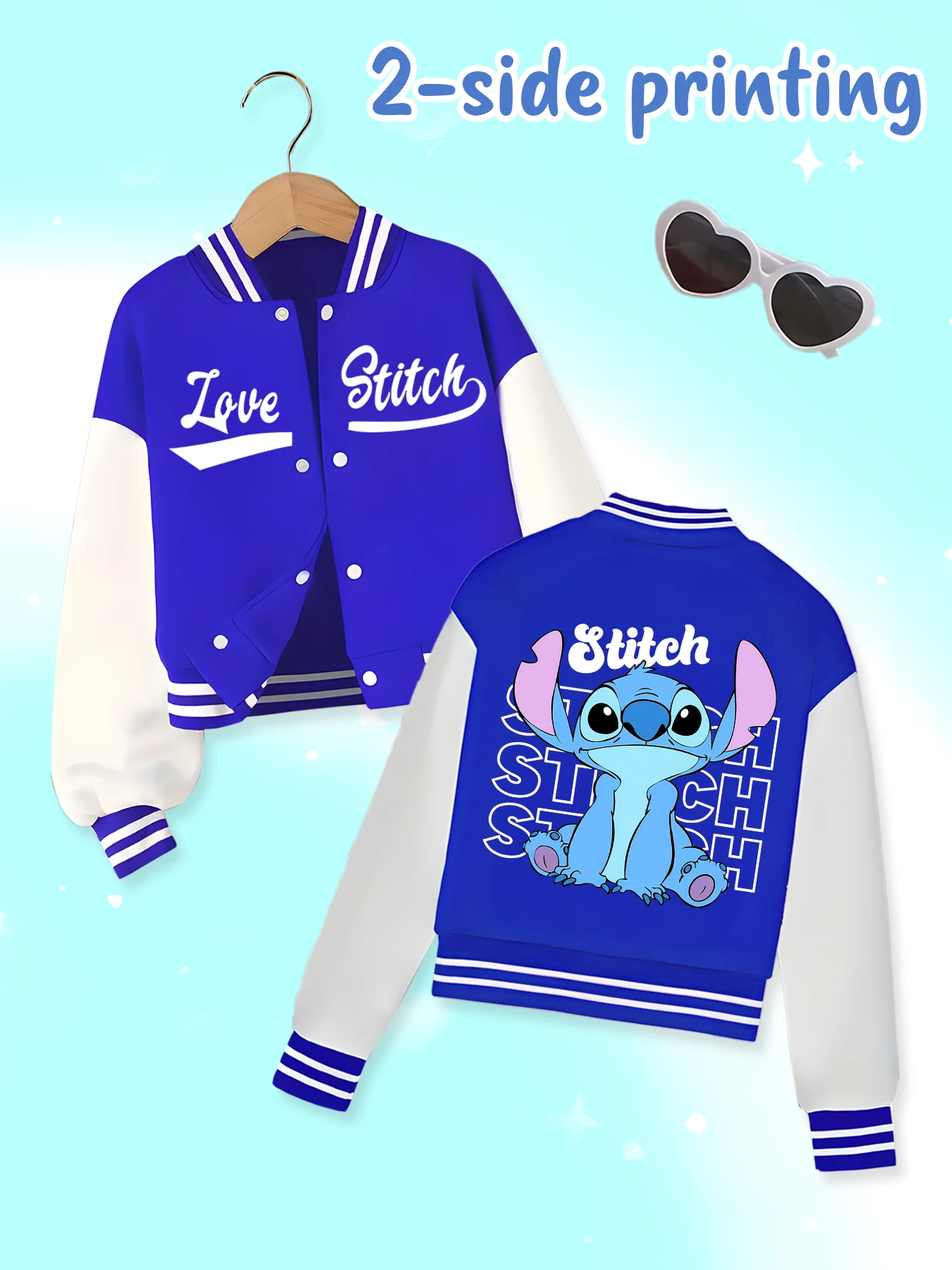 Disney fashion trend baseball jacket, suitable for daily sports and casual wear, printed with cute Stitch pattern, nice gift.