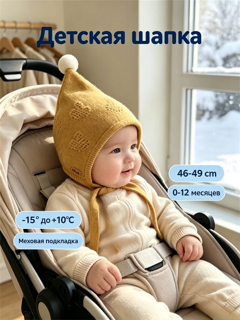 Kleinkind Gestrickte Kappe 46-48 cm Nette Pompom Ball Baby Ohr Schutz Hut Winter Warme Infant Woolen Häkeln motorhaube Kinder Mützen – Detail 6