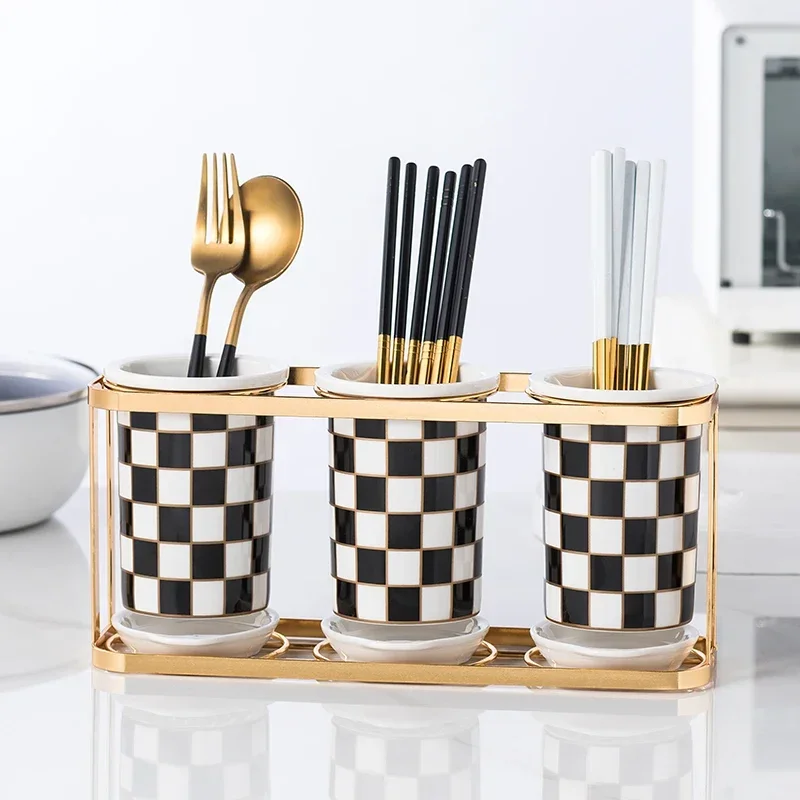 

Kitchen Items Storage Containers Checkerboard Chopsticks Storage Box Ceramic Draining Chopsticks Metal Rack