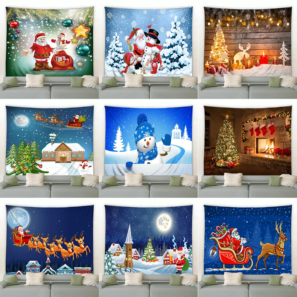 Home Decoration Christmas Snowman Santa Claus Reindeer Fireplace Winter Night Wall Tapestry  Tree  230x180cm