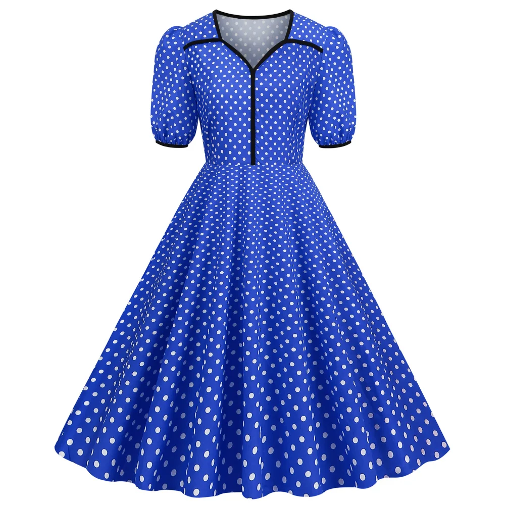 Gaun Prom Rockabilly Polka Dot Antik 50S 60S Kerah Takik Wanita Gaun Midi Pesta Ayun Koktail Kerah V Lengan Pendek