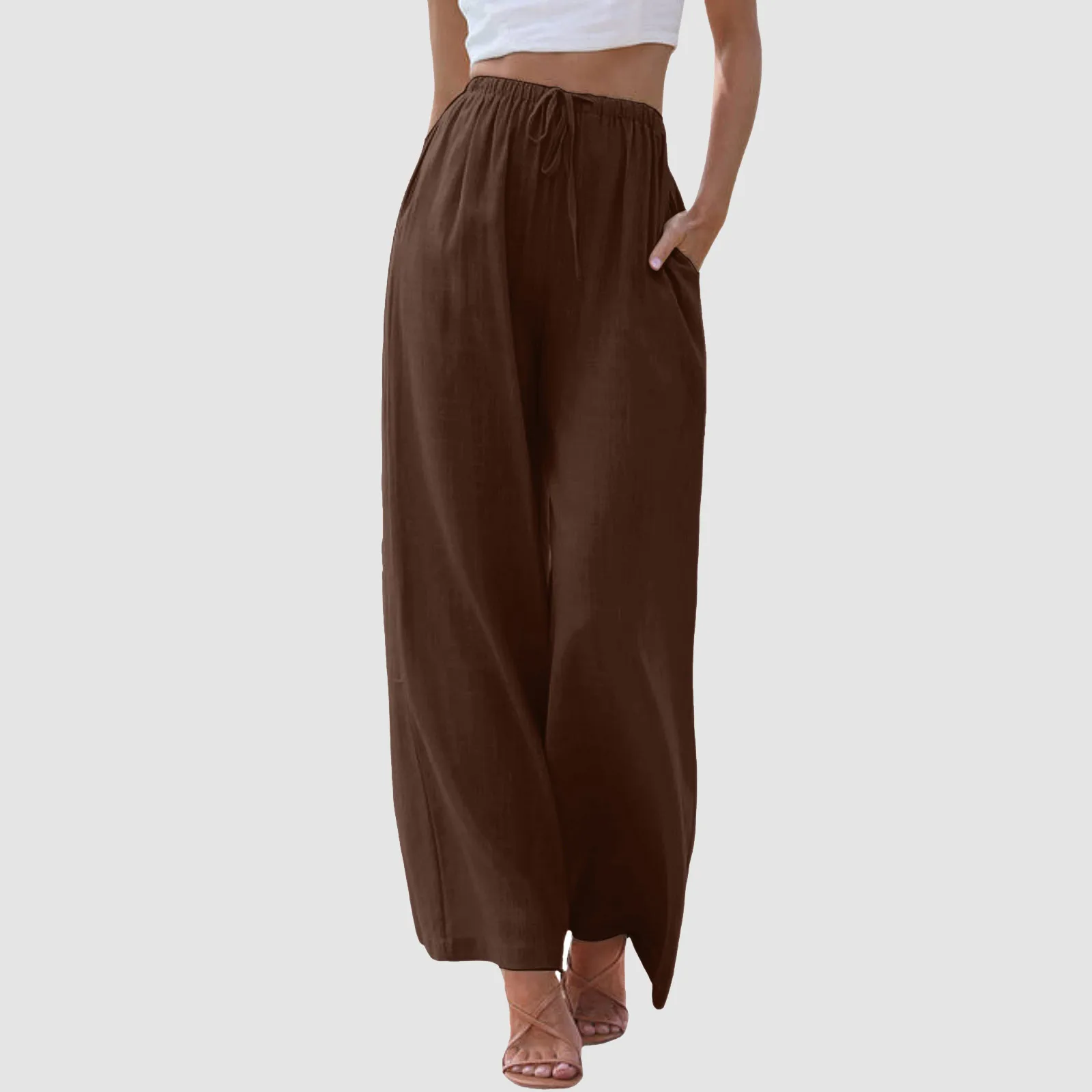 Calça feminina de perna larga, cintura alta, calça elástica com cordão, calça comprida confortável, perna reta, moda casual, streetwear