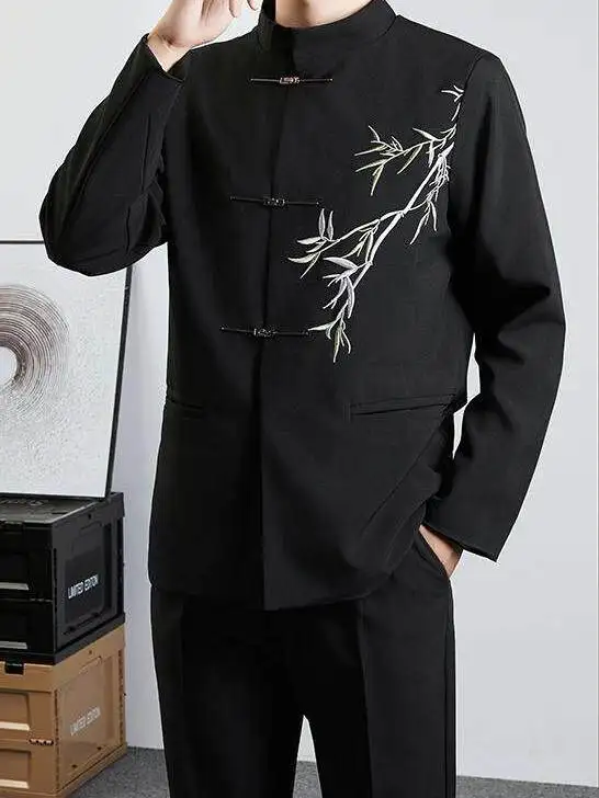 New Chinese Style Men's Suit Jacket Handsome Stand Collar Bamboo Set Youth Fashion Autumn Season Regular Thickness