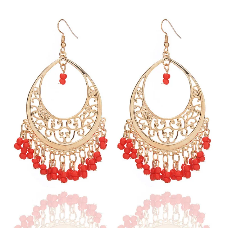 Bohemian Earrings Spliced Circle Matte Color-Block Stud Earrings Elegant Personality Rice Bead Tassel Trendy Women's Earrings