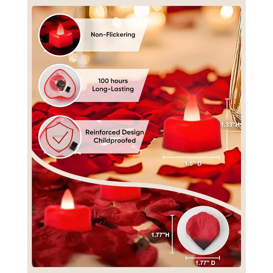 1000 peças de pétalas de rosa artificiais vermelhas com 12 coração vermelho LED luzes de chá pétalas de rosa e conjunto de velas para proposta de aniversário Ro