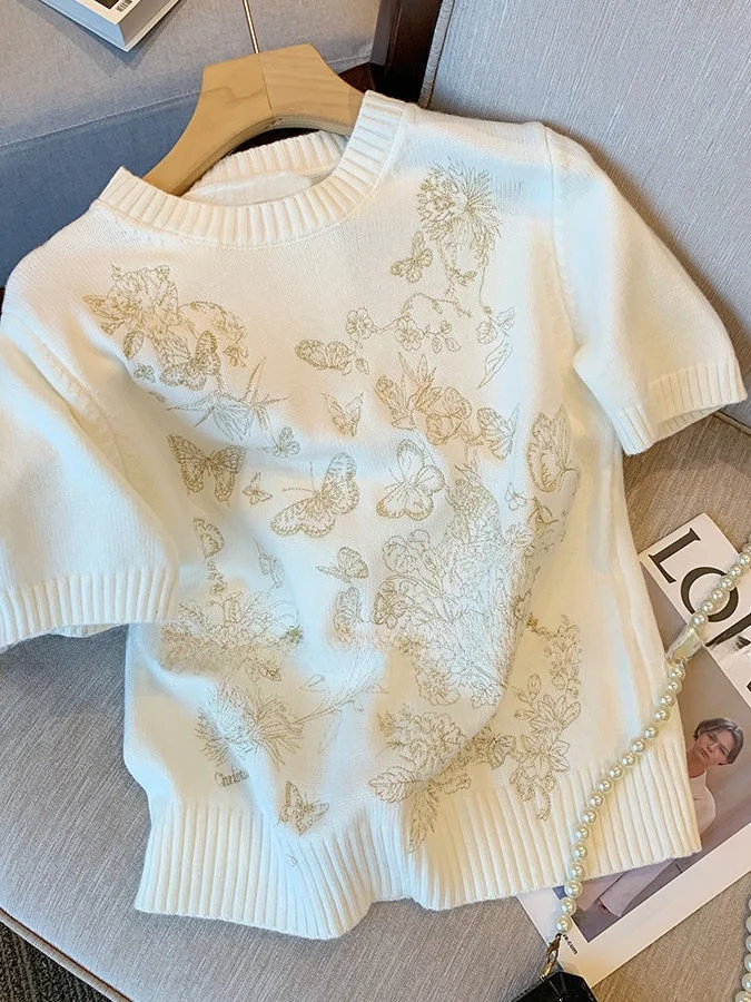 

Gold Thread Embroidery Short Sleeve Women's Sweater Spring 2026 Luxury Slimming Shoulder T-Shirt round Neck Design