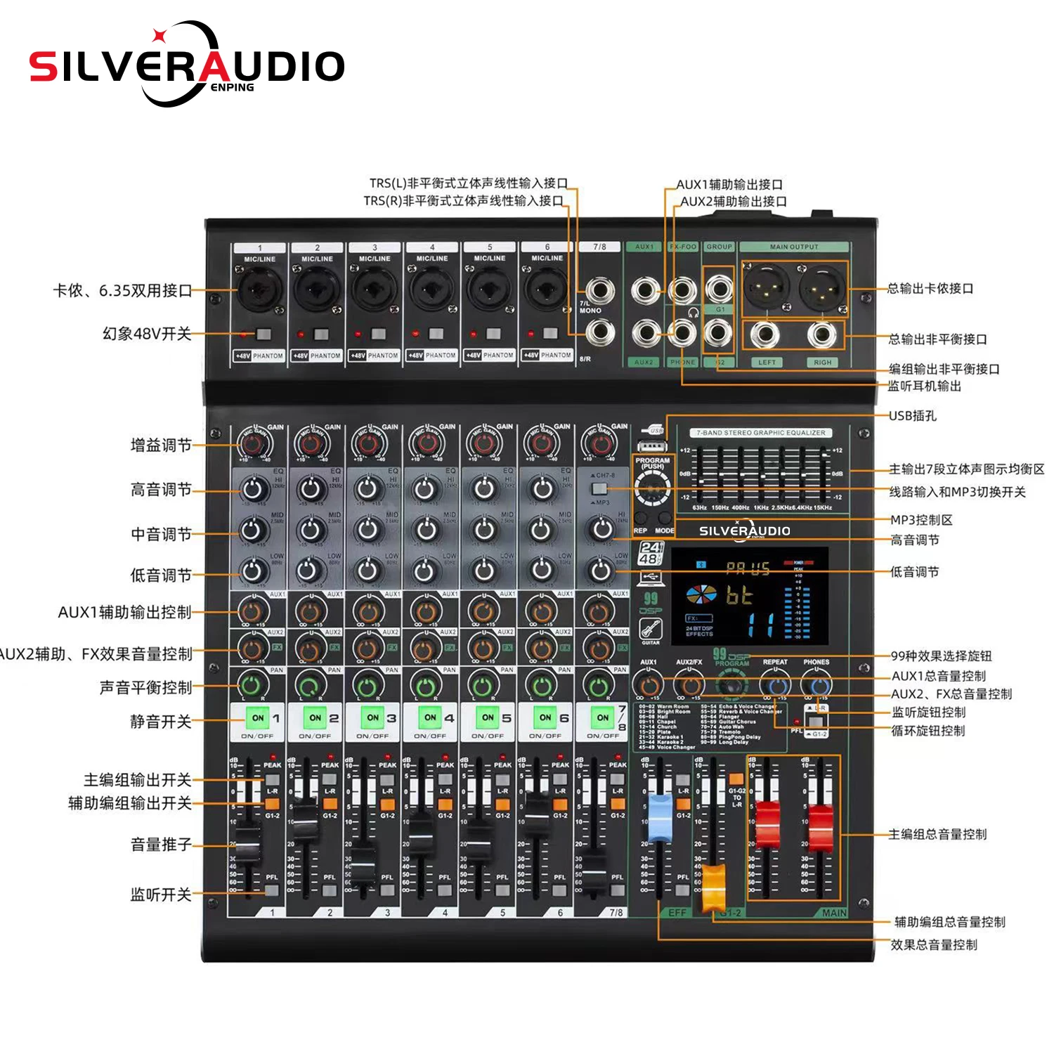 Mezclador de audio profesional GAX-GS8 de 24 bits y 48 V con grabación USB MP3, mezclador 99DSP, pantalla LED para transmisión en vivo, creación de contenido