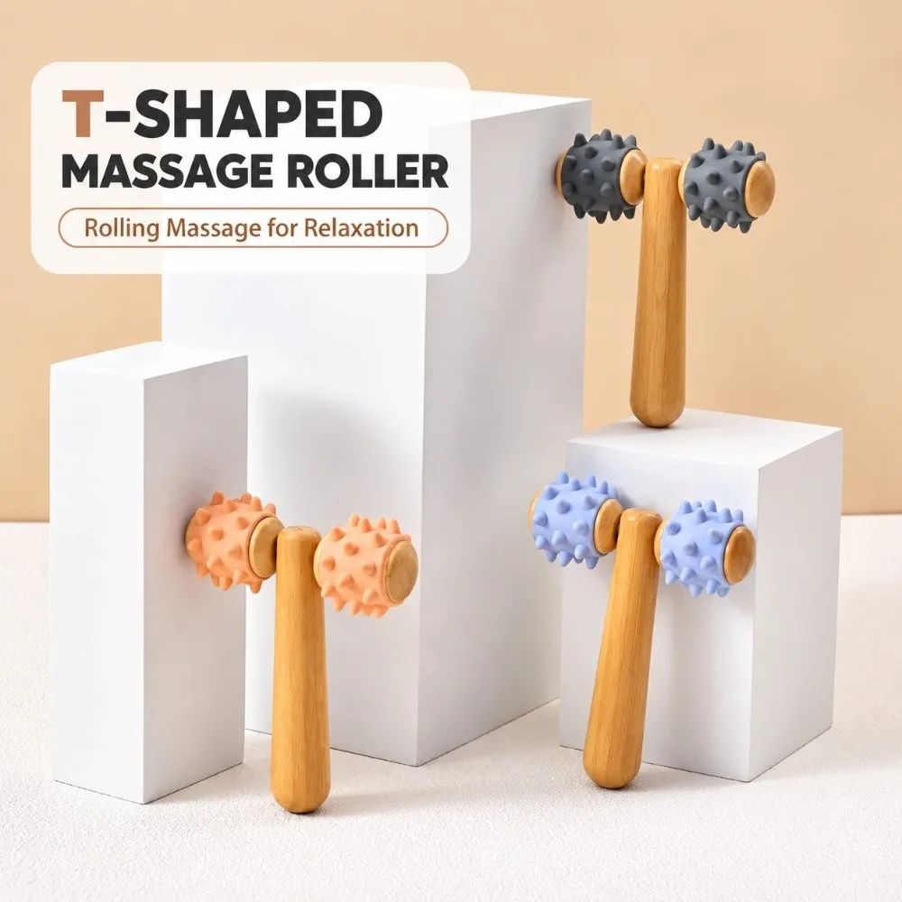 T Shape Handheld Massager Spiky Roller Wood Handle Body Massage Tool Silicon Head Dual Wheel Massage Roller Body Rolling Care