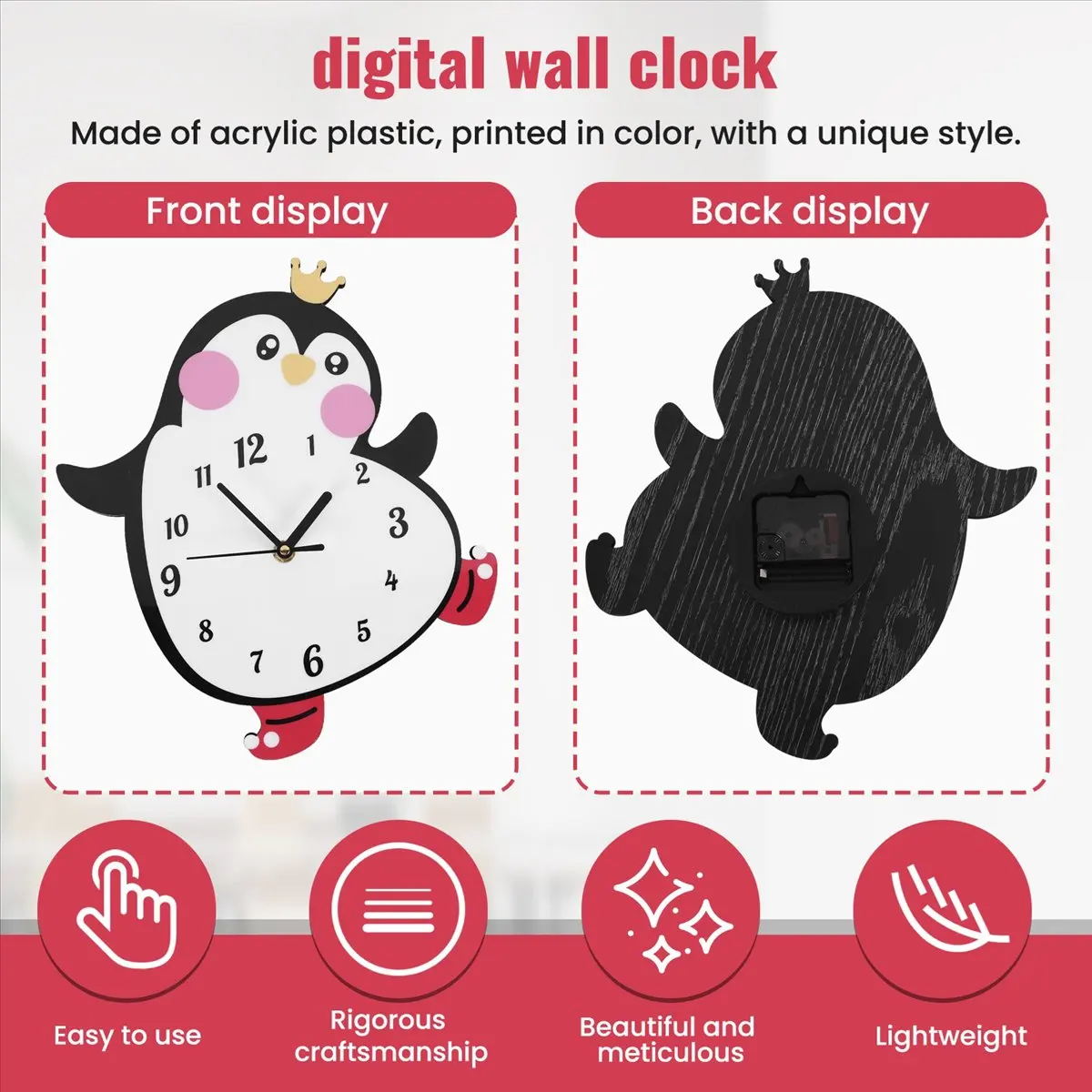 newyear828 Cute Penguin Cartoon Wall Clock Silent Movement Nursery Bedroom Kids Room Wall Art Decor Color Printed Wall Watch
