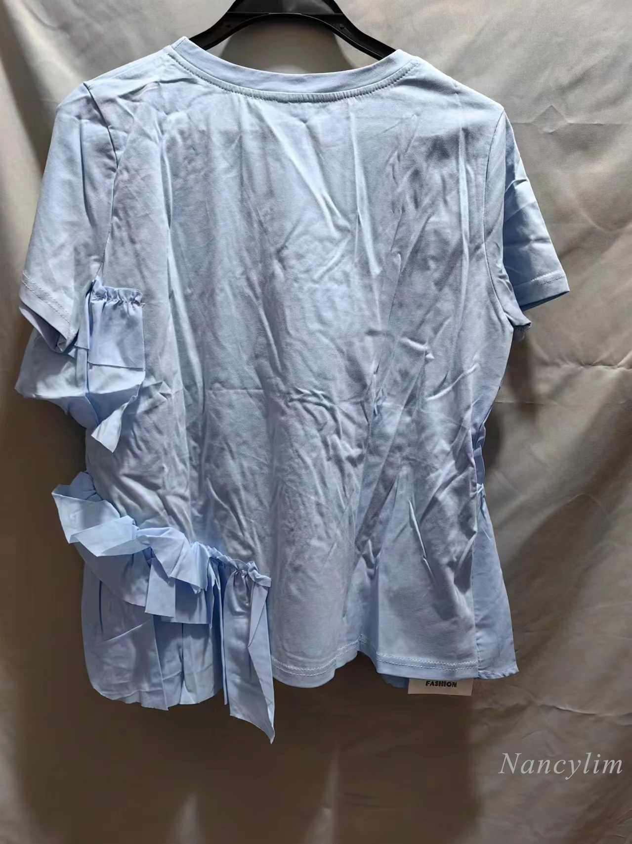 Camiseta de manga curta de pérola grande feminina, Tops de algodão soltos, babados com costura em renda, novo, verão, 2022